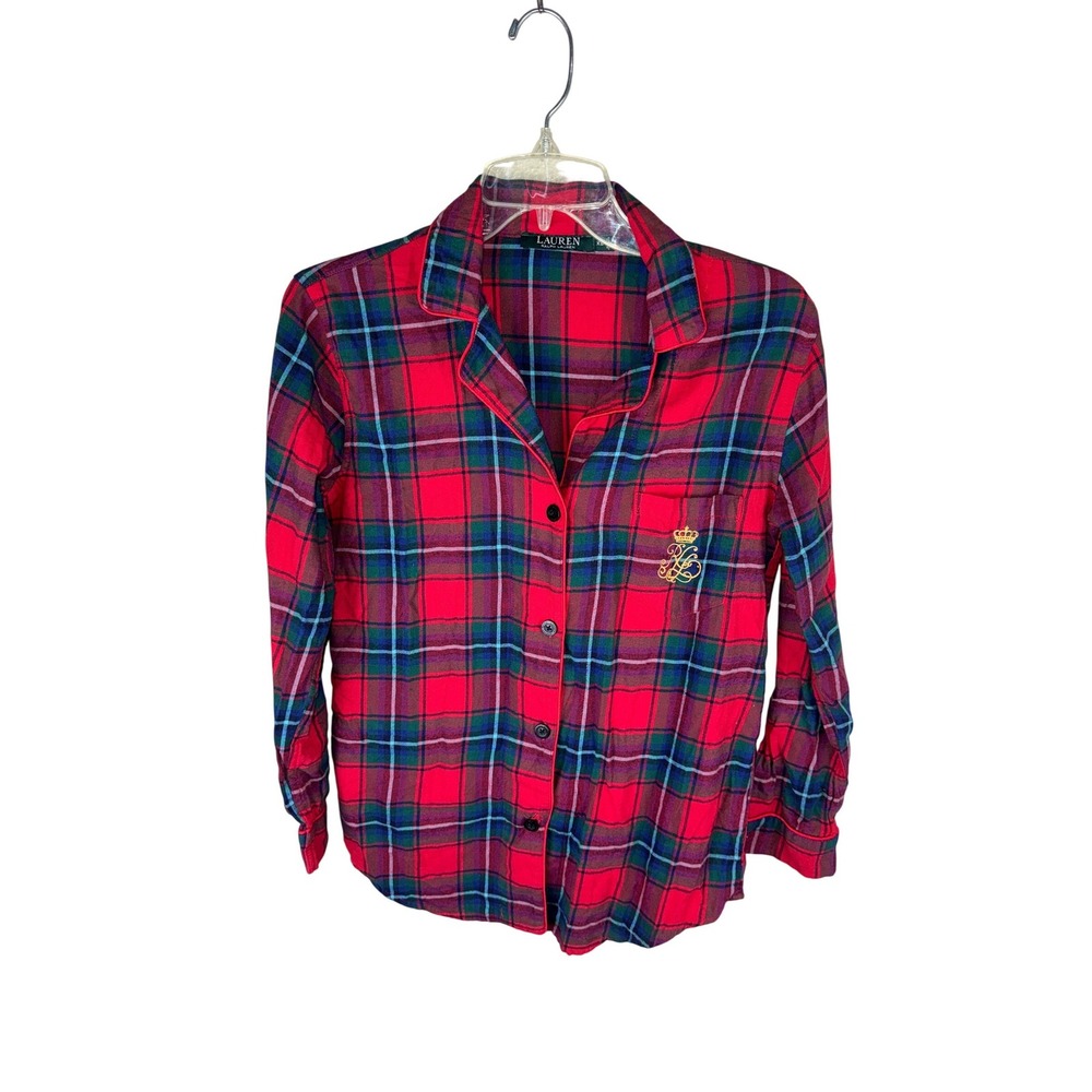 Lauren Ralph Lauren Red Plaid Cotton Sleep Shirt XS Monogram Crown